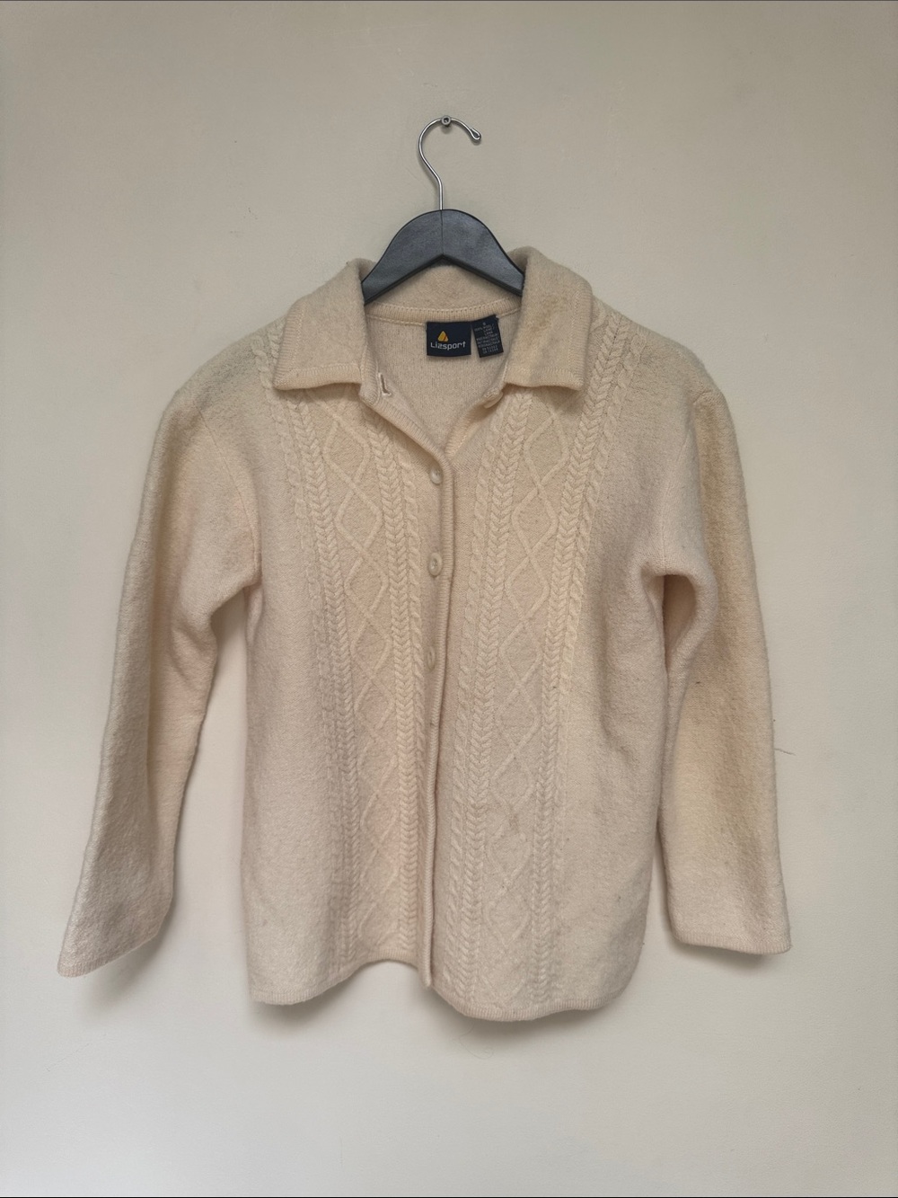 Liz sports Cream Cable-Knit 100% Wool Collared Women's Sweater